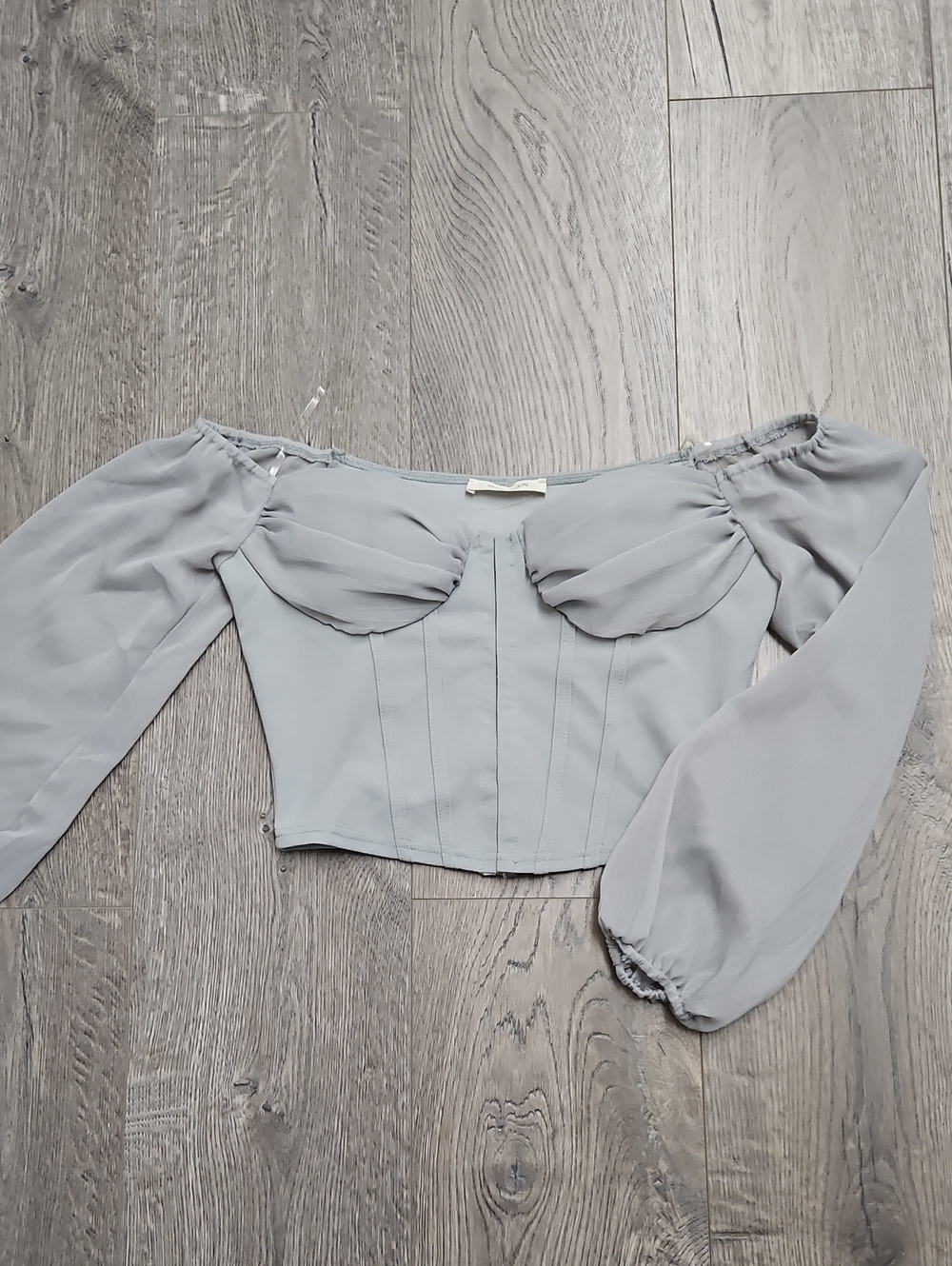 Off-Shoulder Puff Sleeve Corset Top - Light Gray